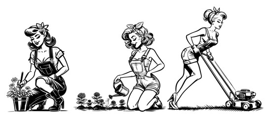 Set of Retro Pin Up Girls Gardening and Mowing Lawn black shape vector laser cutting engraving monochrome print