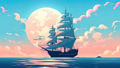 A majestic sailing ship glides across a tranquil sea under a large, full moon and a pastel sky. The scene is serene and evokes a sense of adventure and wonder