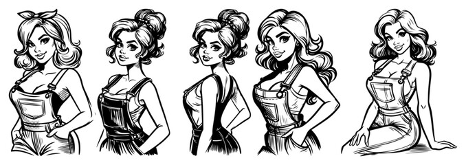 Collection of Retro Pin Up Girl Portraits in Overalls black shape vector laser cutting engraving monochrome print