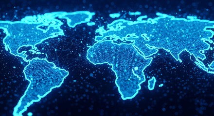 Blue glowing world map, digital nodes forming continents, showcasing global network, technology, connectivity, and communication