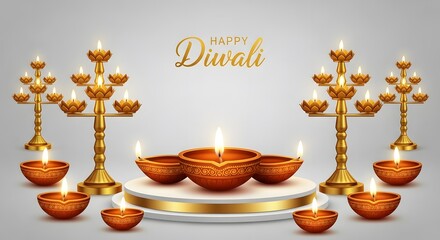 Diwali Diyas on White Background Greeting