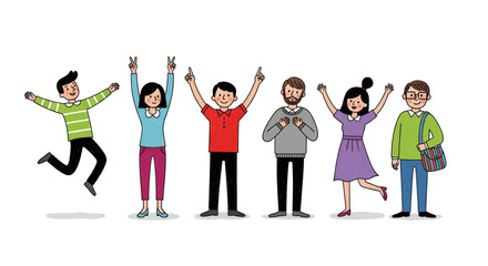 Obraz premium Happy Diverse Team Celebrating Success Collaboration and Positive Workplace Environment Cartoon Illustration