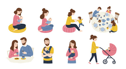 Fototapeta premium Happy Family Moments Breastfeeding Baby Care and Quality Time Together Illustration Set