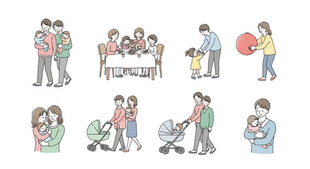 Happy Family Moments Parenting Baby Care and Playful Activities Illustrated Vector Set