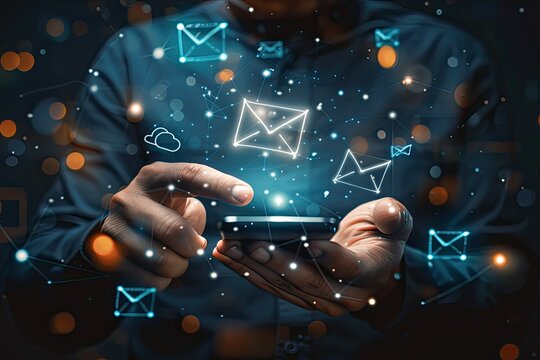A person uses a smartphone, and digital mail icons and lines illuminate around it, suggesting email communication and connectivity