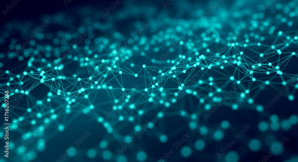 Poster abstract teal network nodes and connections, creating a dynamic and interconnected visual, symbolizi