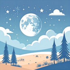 Flat design night landscape with moon and stars