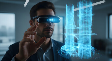 Innovative Visions: A focused architect, immersed in the digital realm, interacts with a holographic architectural model through augmented reality technology, showcasing the future of design.