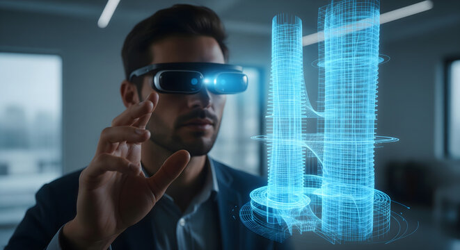 Innovative Visions: A focused architect, immersed in the digital realm, interacts with a holographic architectural model through augmented reality technology, showcasing the future of design.