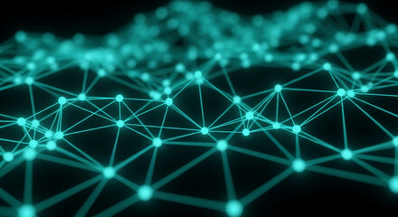 Abstract teal network nodes and lines on black background, representing connection, technology, communication, or global network concept