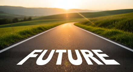 Road to the Future: A visual narrative of a road leading towards the sun, with the word FUTURE emblazoned on the asphalt, symbolizing hope and opportunity.