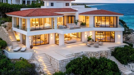 A magnificent Mediterranean-style mansion showcases large windows and red roof tiles, illuminated at dusk, offering spectacular views of the blue sea and lush surroundings