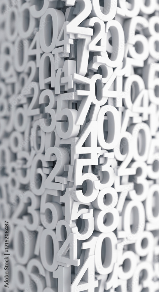 Poster white three-dimensional numbers densely packed, creating a textured background suitable for data, st