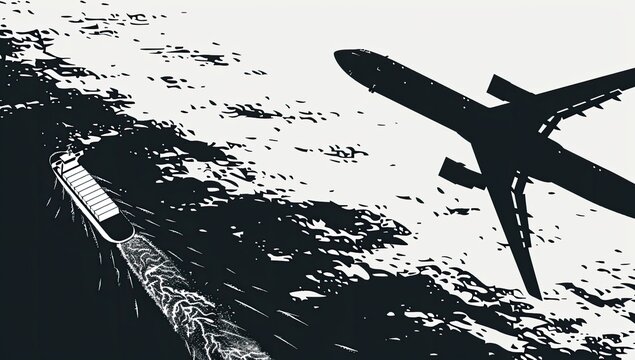 A stylized black and white illustration juxtaposes a large passenger jet in descent and a cargo ship traversing the water below, creating a dynamic contrast between air and sea transport - Powered by Adobe