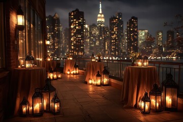 Balcony tables lit by candle lanterns overlook a night cityscape. Perfect for events, romantic celebrations, or city views.