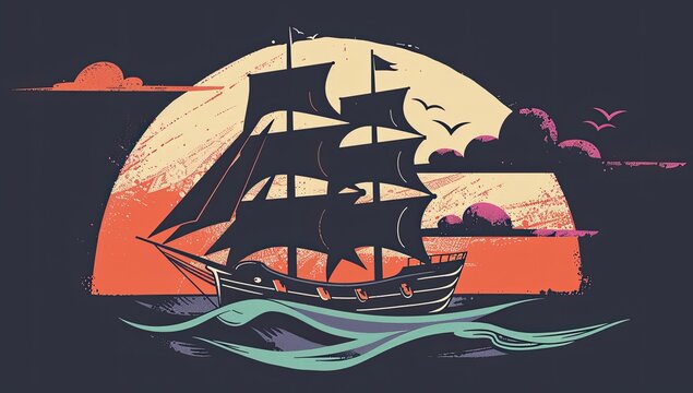 A stylized illustration depicts a three-masted sailing ship sailing on a sea at sunset, set against a large, textured, orange sun - Powered by Adobe