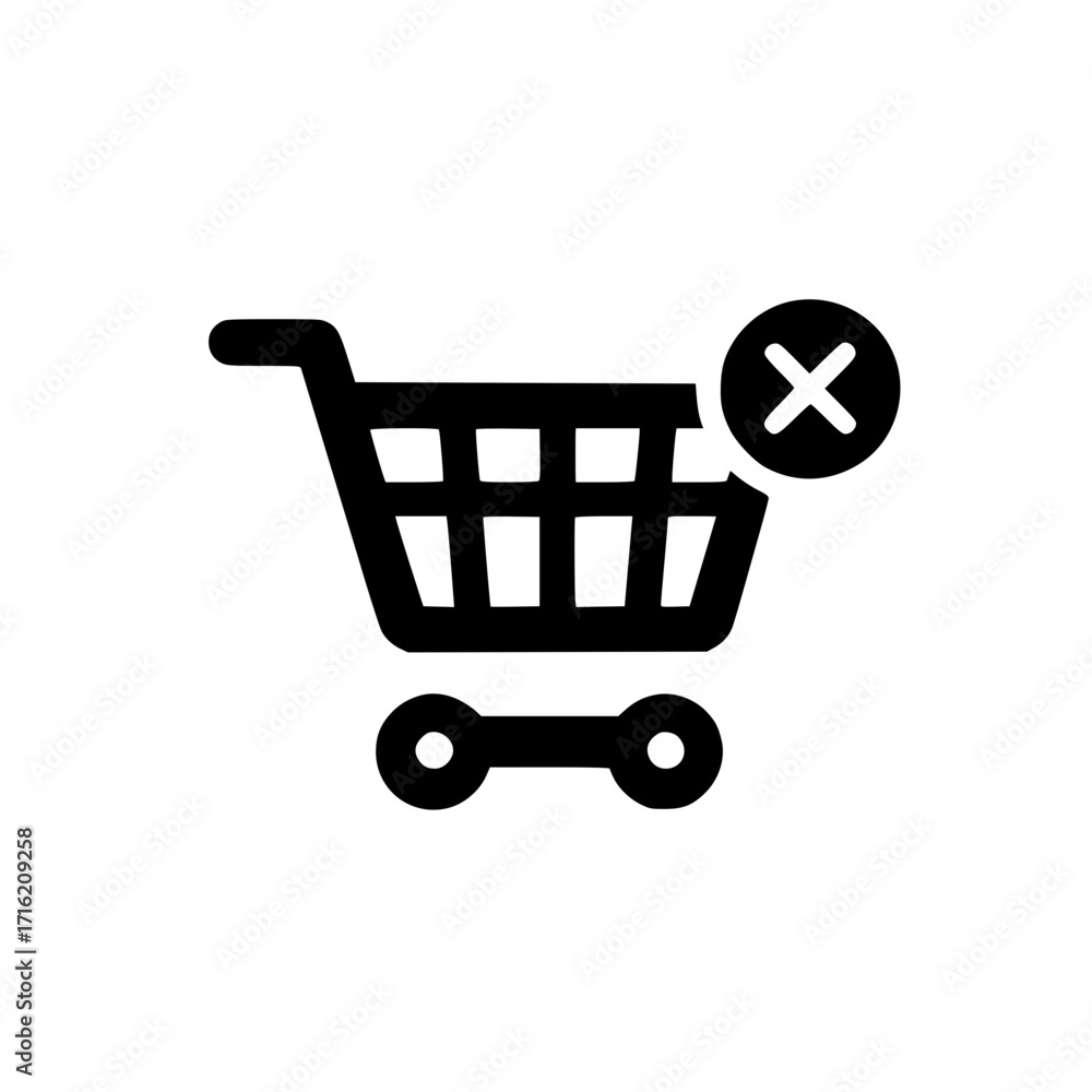 Poster shopping cart and small cross icon symbolizing failed transaction or removed product listing