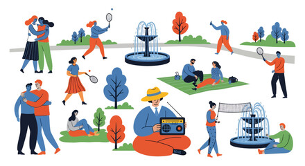 People Enjoying a Sunny Day in the Park  Leisure Activities and Community Lifestyle Illustration