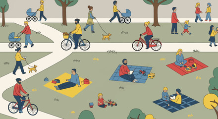 People Enjoying a Sunny Day in the Park  Families Dogs Bicycles and Leisure Activities Illustration