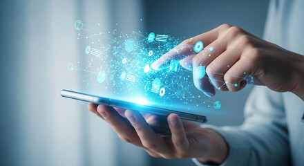 Hand interacting with glowing digital network displayed on smartphone screen, symbolizing modern technology, connectivity, and data interaction