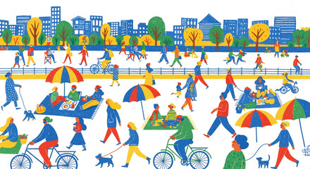 People Enjoying a Sunny Day in the Park with Umbrellas Bikes and Dogs  Colorful Illustration