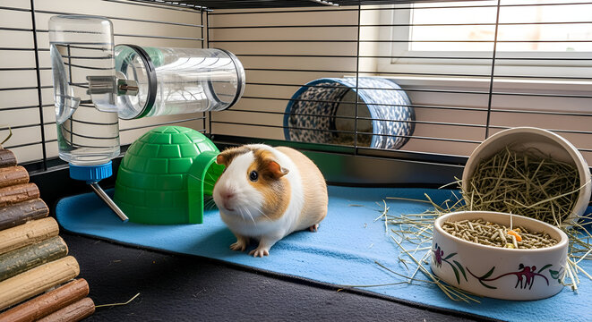 Guinea Pig in Cage with Food and Water.