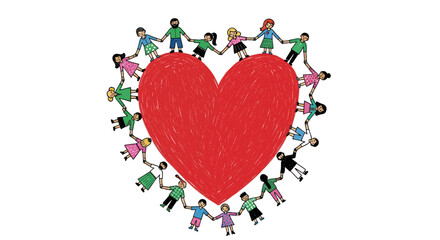 People Holding Hands Around a Big Red Heart Unity and Community Concept Illustration
