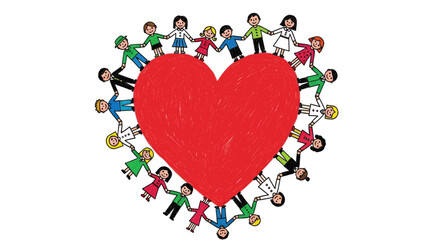 People Holding Hands Around a Big Red Heart Unity and Love Cartoon Illustration for Business