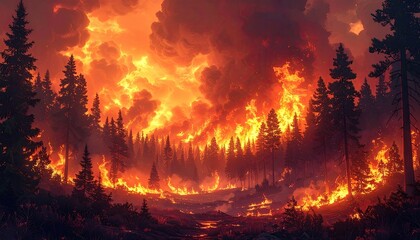 Forest Fire With Orange Flames and Black Smoke Creating Dramatic Atmospheric Scene