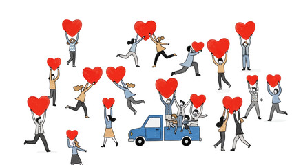 People Holding Hearts Delivering Aid in a Van  Charity Donation Support Concept