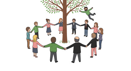 People Holding Hands Around Tree Community Circle Teamwork Unity Environmental Protection Nature Concept Illustration