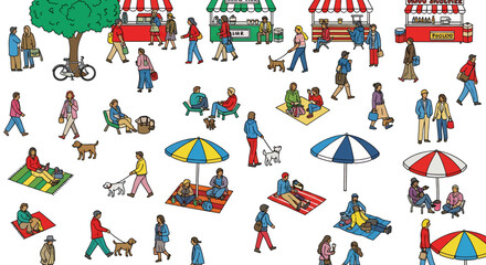 People in Park Illustration  Summer Leisure Activities Picnic Dogs Food Stalls and Relaxation