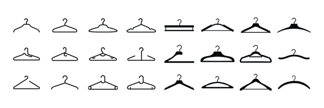 Create a kinds of Different  clothe hangar . Vector art silhouette with white background.  Collection of four clothes hangers in black color . eps 10 