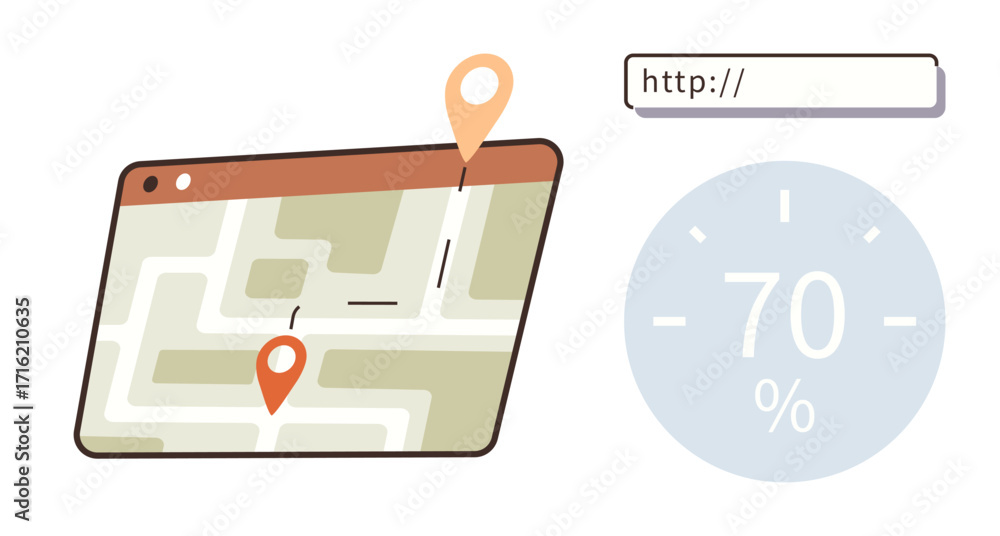 Poster digital map with location pins connected by a dashed route line, http bar displaying url placeholder