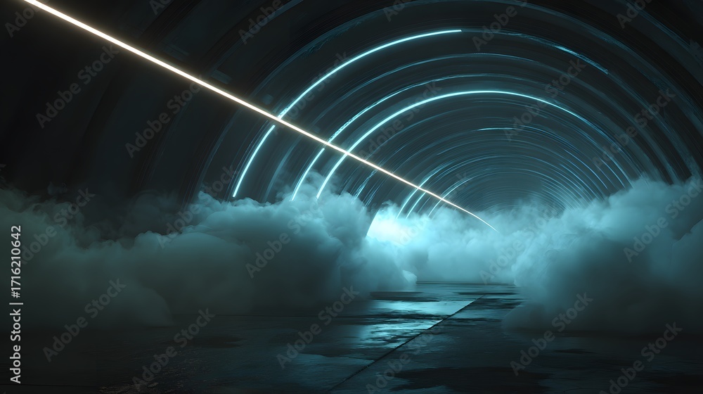 Poster surreal tunnel with neon lights and fog creating a mysterious and atmospheric science fiction enviro