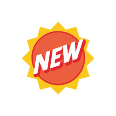 Bright new label icon with sunburst shape, red and yellow promotional badge for marketing, sale, or product advertisement design