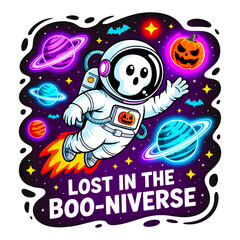 Naklejka premium Astronaut ghost floats through cosmic halloween space scene isolated on transparent background