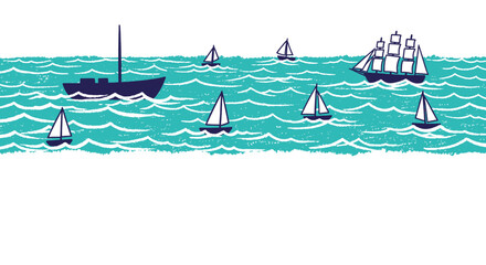 Sailboats on Ocean Waves Nautical Illustration Summer Vacation Background Marine Travel Concept