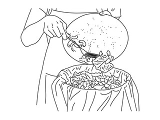 Vector compost from leftover food, Hand drawn line of girl hand holding leftover food plate use fork throw away food scraps, rotten vegetable into trash ,Vector illustration food waste concept