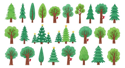 Set of Different Trees Watercolor Illustration Isolated on White Background for Design