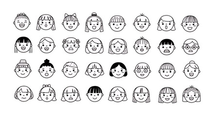 Set of Diverse Cartoon Faces with Different Hairstyles and Expressions Line Art Icons