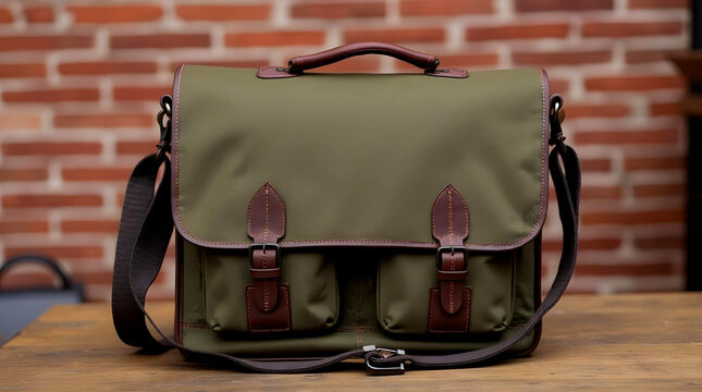 Stylish green canvas messenger bag with brown leather trim and strap against a brick wall background, featuring two front pockets and metal buckles. 