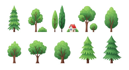 Set of Various Trees and a Cute Cottage Illustration for Design Projects