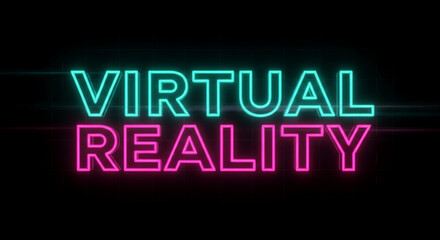 Neon "Virtual Reality" sign in teal and pink, set against a dark grid background, showcasing a futuristic and immersive concept