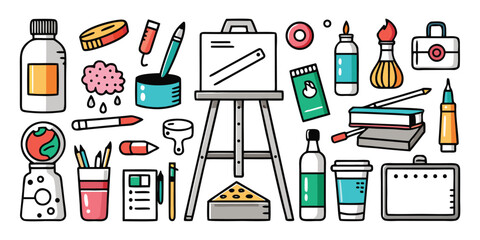 Art supplies collection easel paint brushes ink bottles and drawing tools