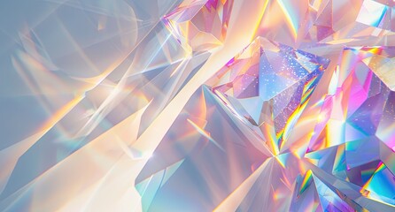 An abstract image showcasing a cluster of iridescent,faceted crystals.  Light refracts, creating vibrant pastel rainbow hues and a sense of depth and luminosity