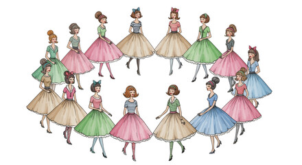 Vintage Style Girls in Circle Dresses Fashion Illustration Retro Pinup Cartoon Vector Design