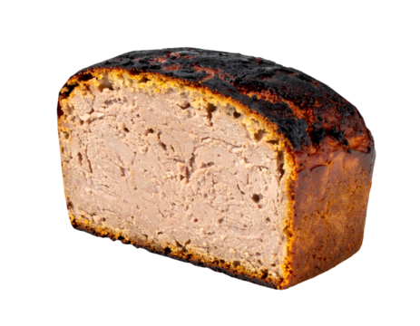 Burnt meatloaf half with charred blackened crust and roasted interior, overcooked sliced meat portion showing caramelized edges on isolated background