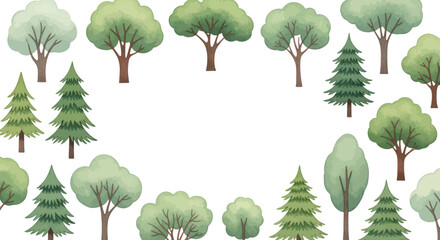 Watercolor Forest Trees Border Frame on White Background for Design and Illustration