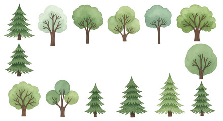 Watercolor Tree Set Evergreen and Deciduous Trees Isolated on White Background for Design
